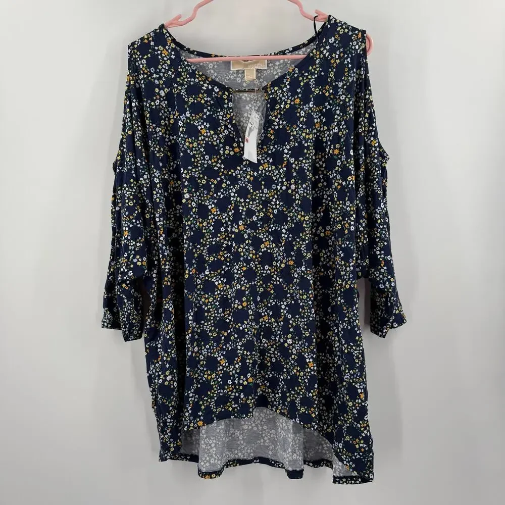 Michael Kors Blouse Cold Shoulder Size 2X NWT Navy Taxi Yellow Plus Curvy Top